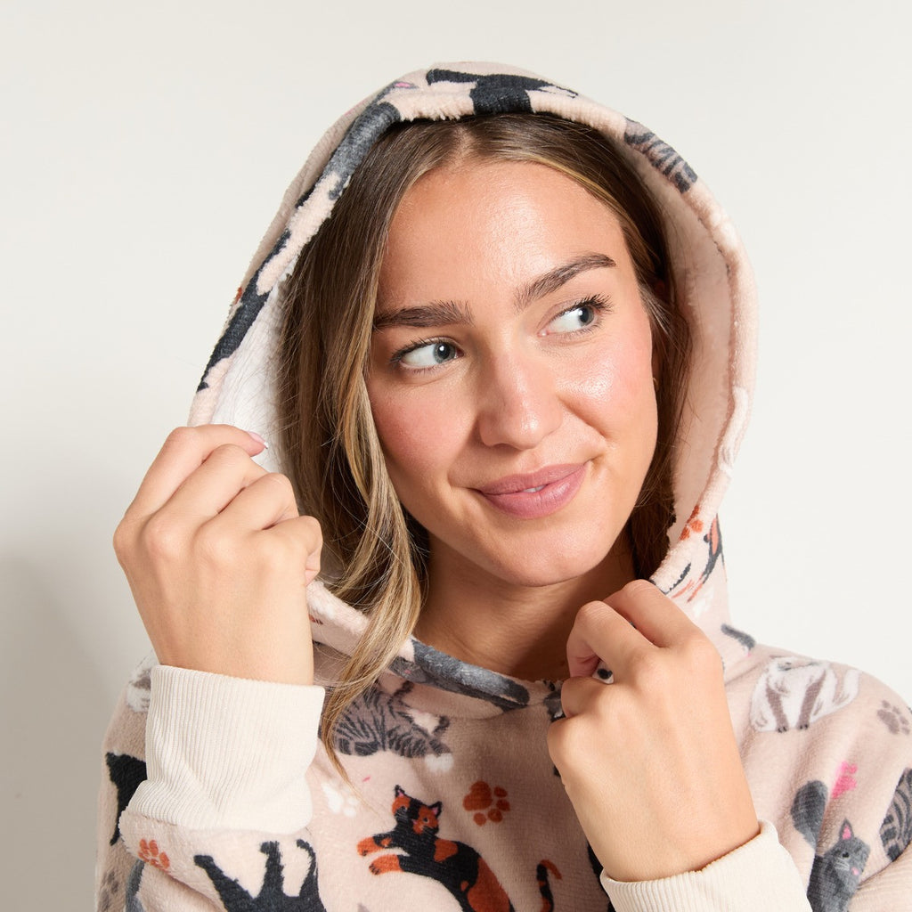 Pet Cat Print Fleece Hoodie Loungewear Set - Beige