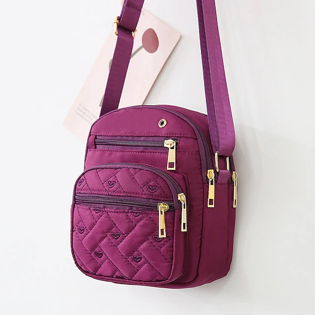 Quilted Multi-Pocket Crossbody Shoulder Bag – Plum Purple
