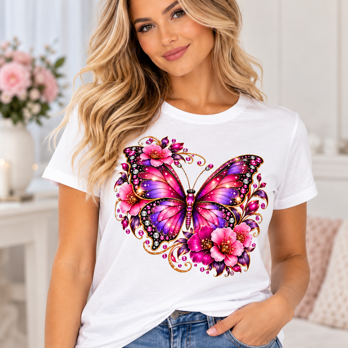 Pink & Purple Jeweled Butterfly Floral T-Shirt
