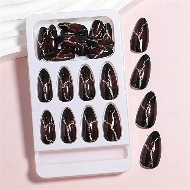 24pcs Luxury Marble Press-On Nails – Elegant Glossy Black & Burgundy False Nails with Gold Line Design