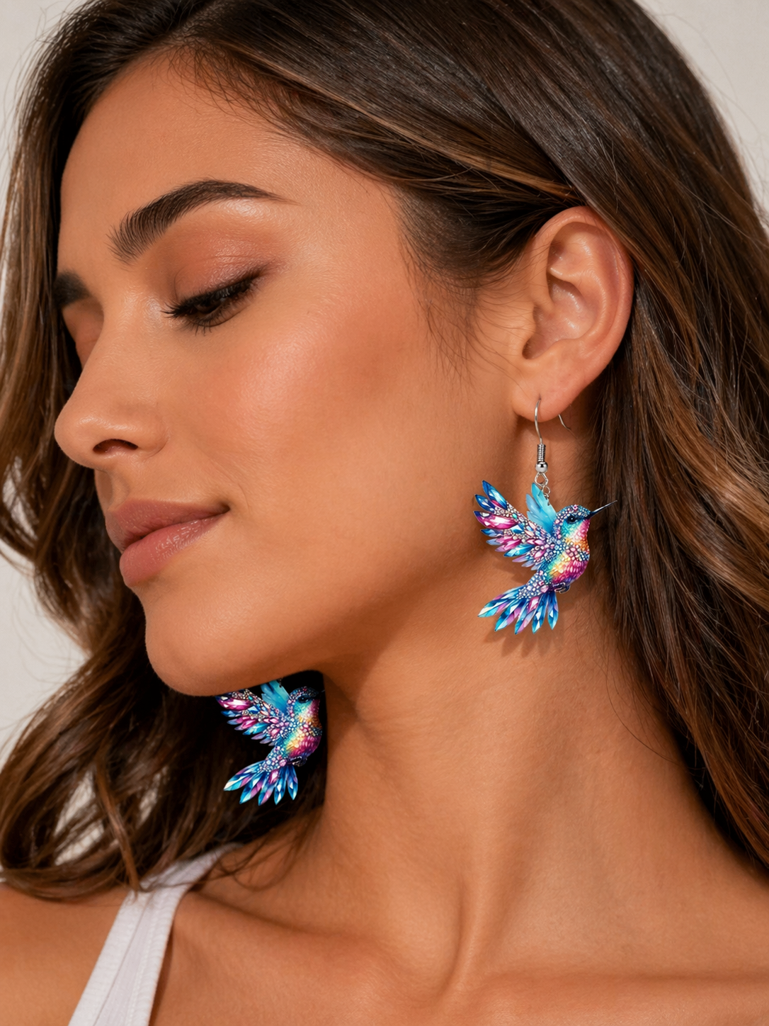 Colourful Stained Glass Style Hummingbird Drop Earrings