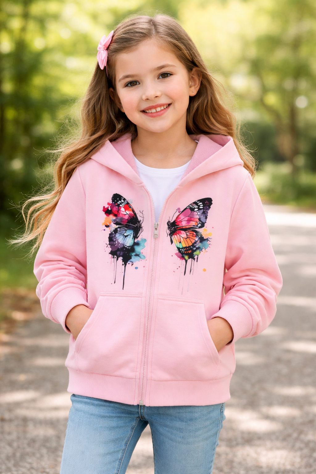 Girls Pink Butterfly Splash Zip Hoodie - Truly Yours