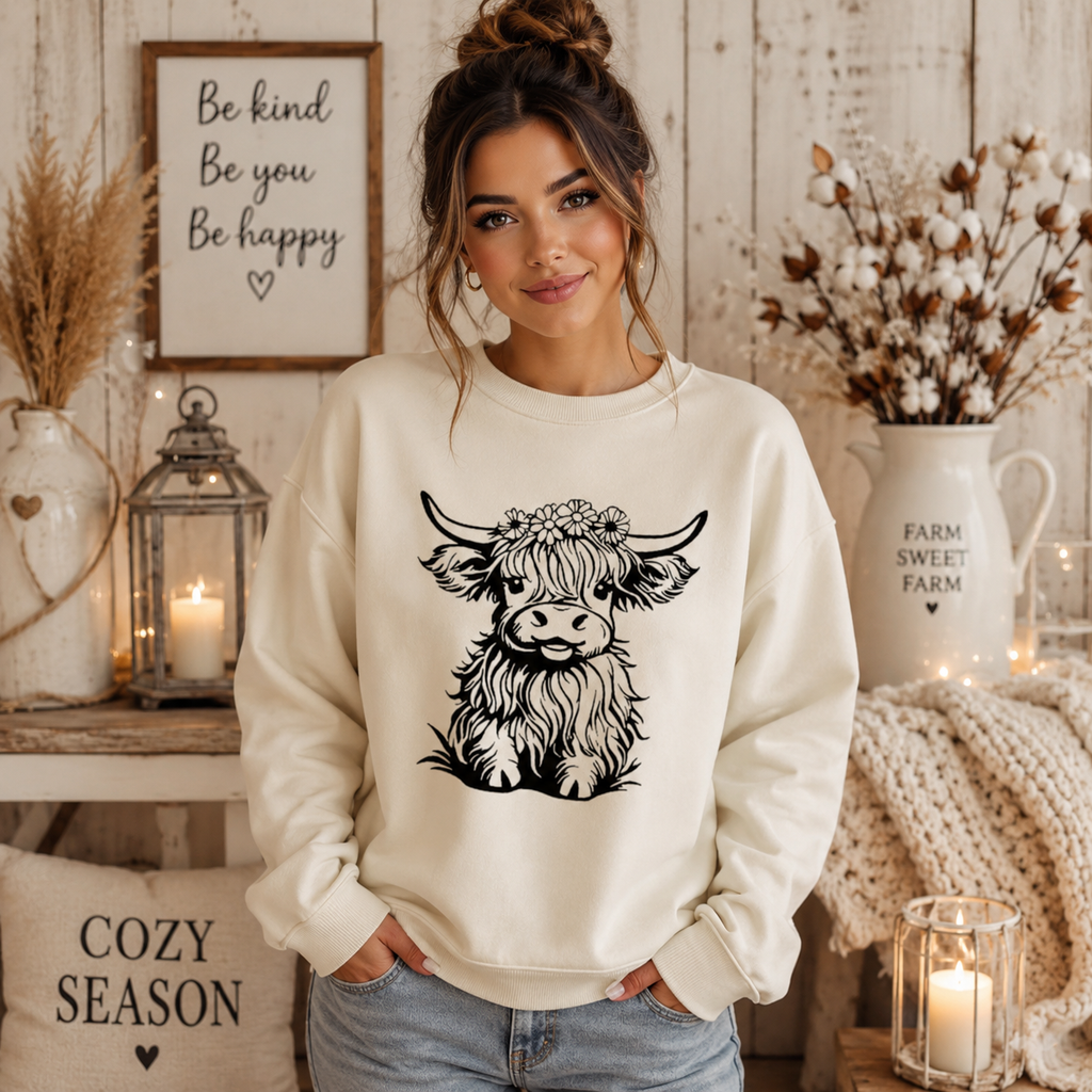 Floral Highland Cow Print Sweatshirt