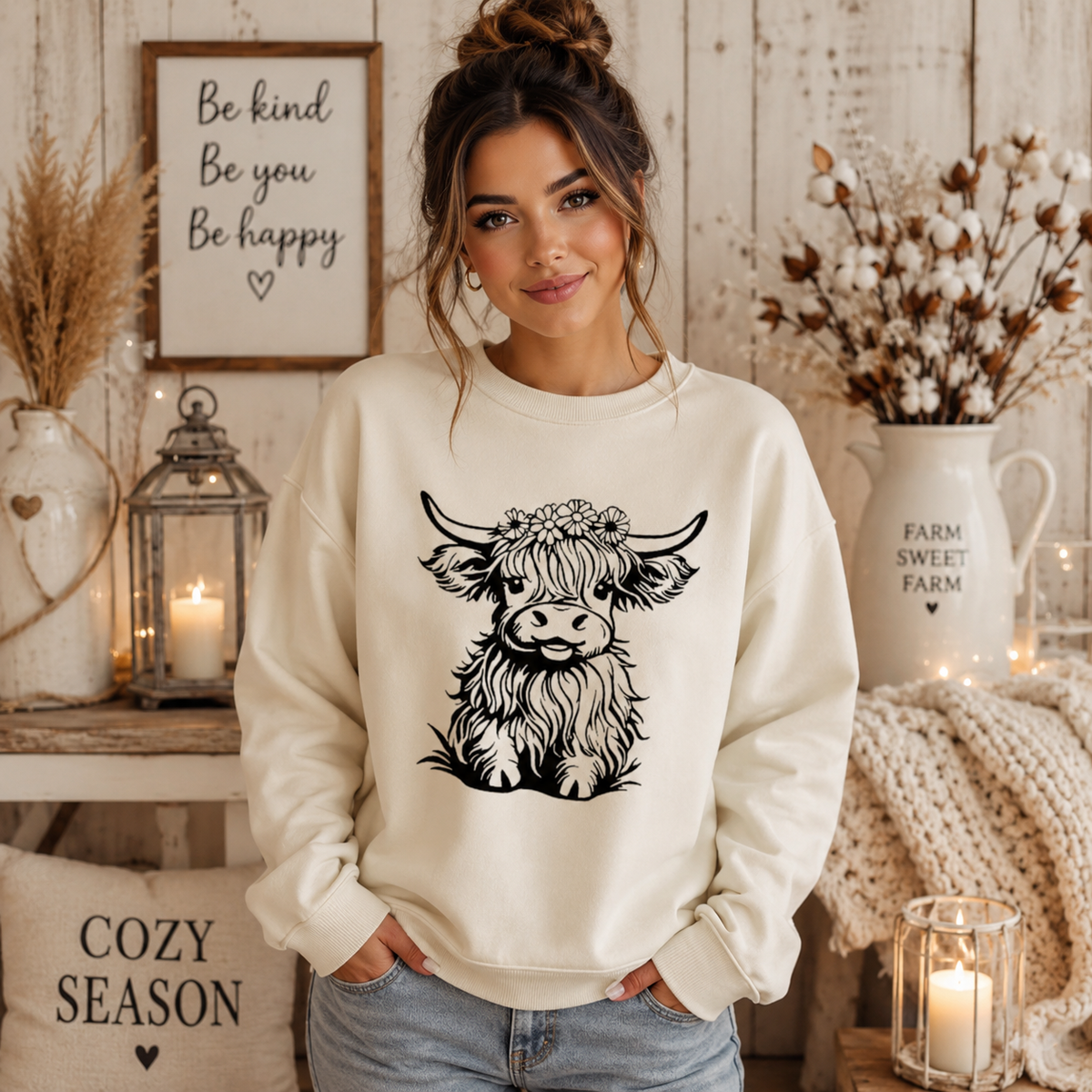Floral Highland Cow Print Sweatshirt