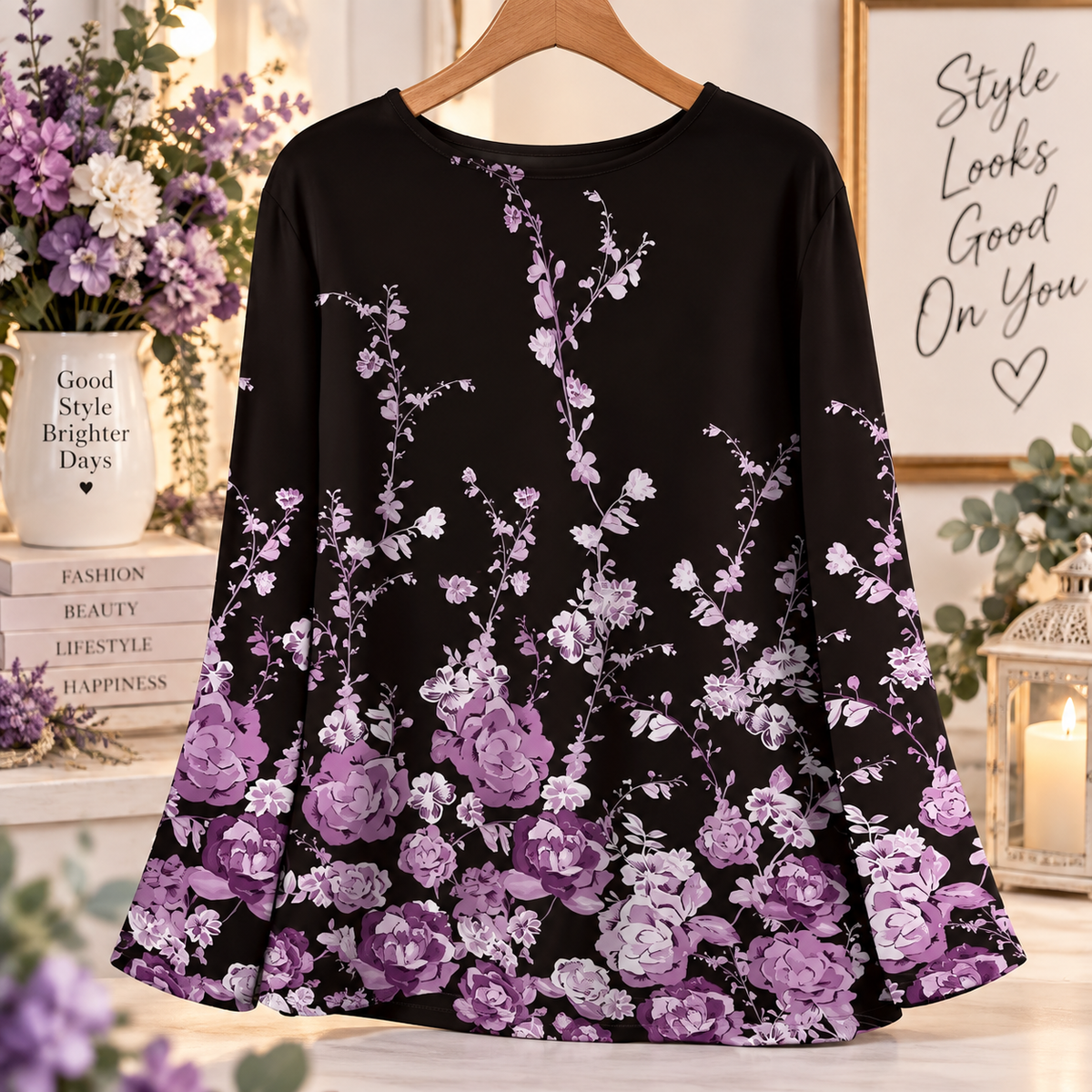 Black & Purple Floral Long Sleeve Tunic Top