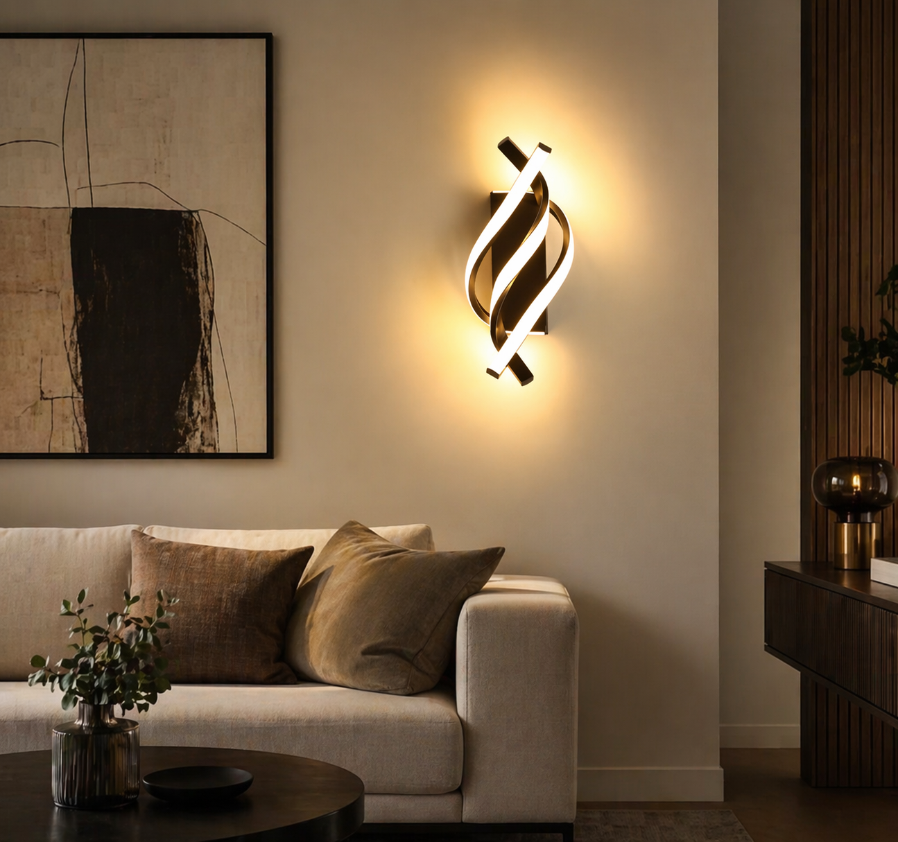 Modern Curved LED Wall Light – 18W Warm White Spiral Sconce (Black Finish)