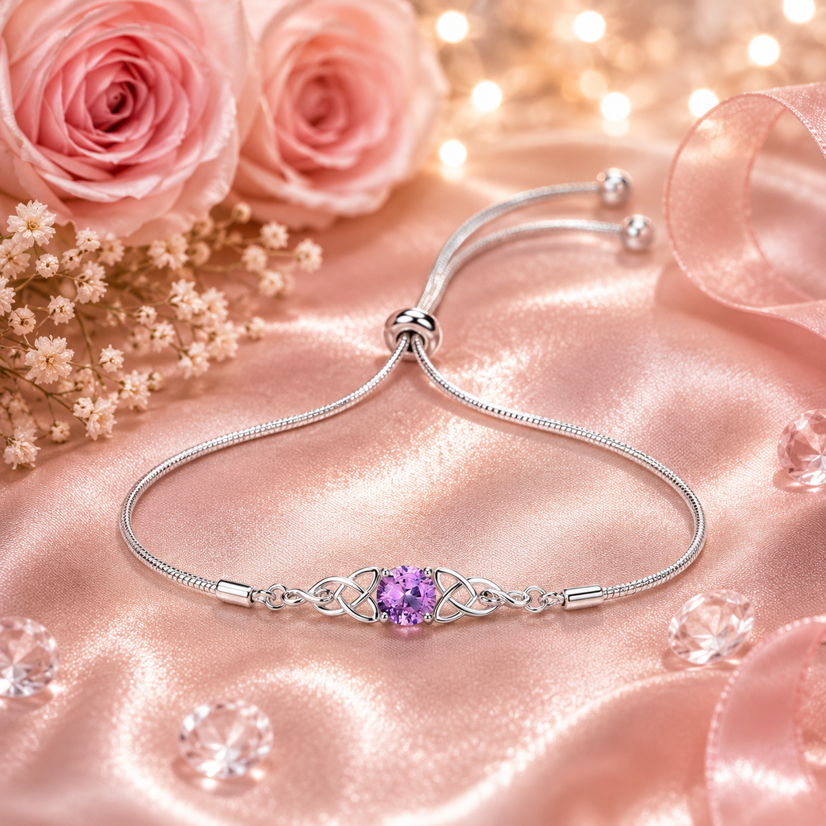 Celtic Knot Created Pink Sapphire 925 Sterling Silver Bolo Bracelet