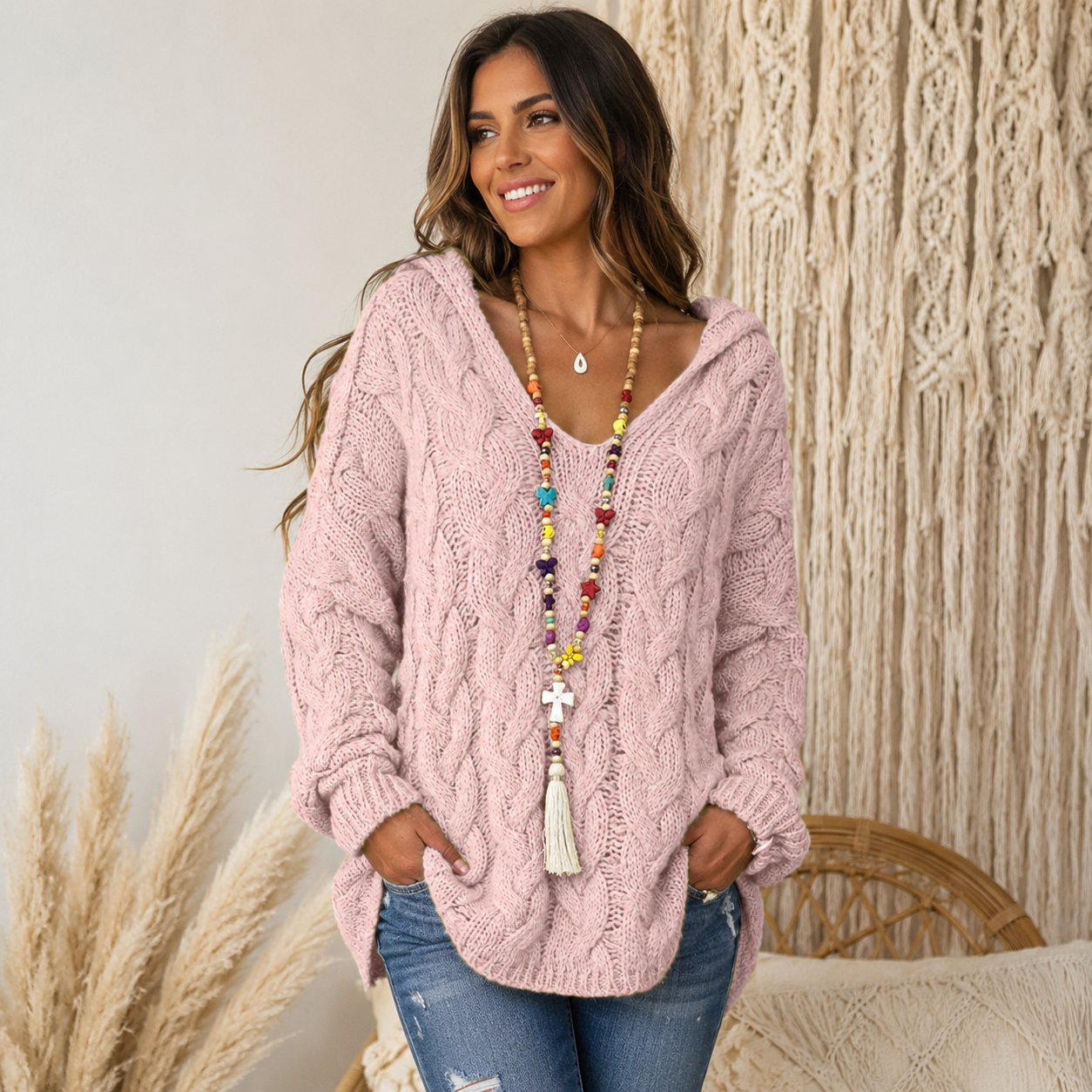 Women's Soft Pink Hooded Cable Knit Jumper