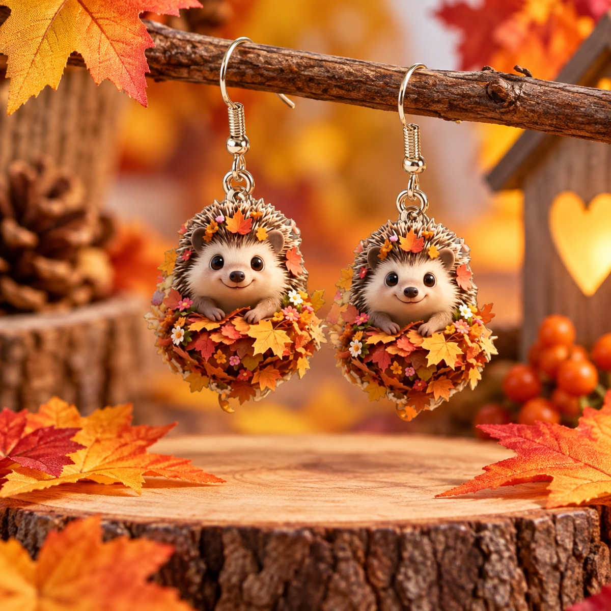 Cute Autumn Hedgehog 2D Acrylic Drop Earrings – Woodland Design