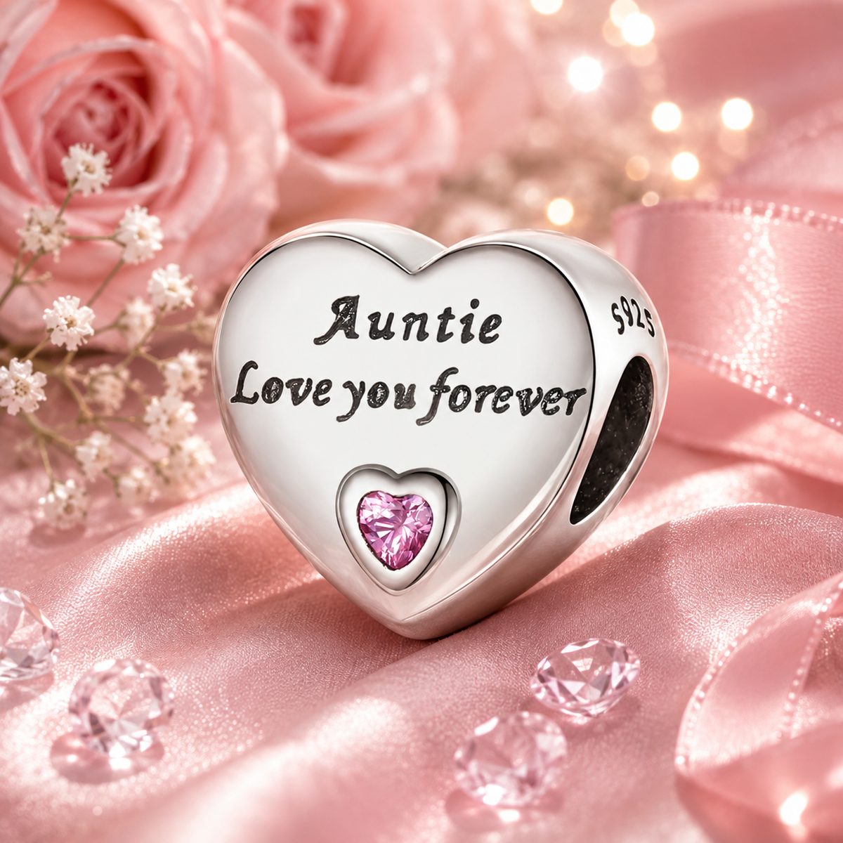 925 Sterling Silver Sister or Auntie Love You Forever Heart Charm Bead with Pink Crystal