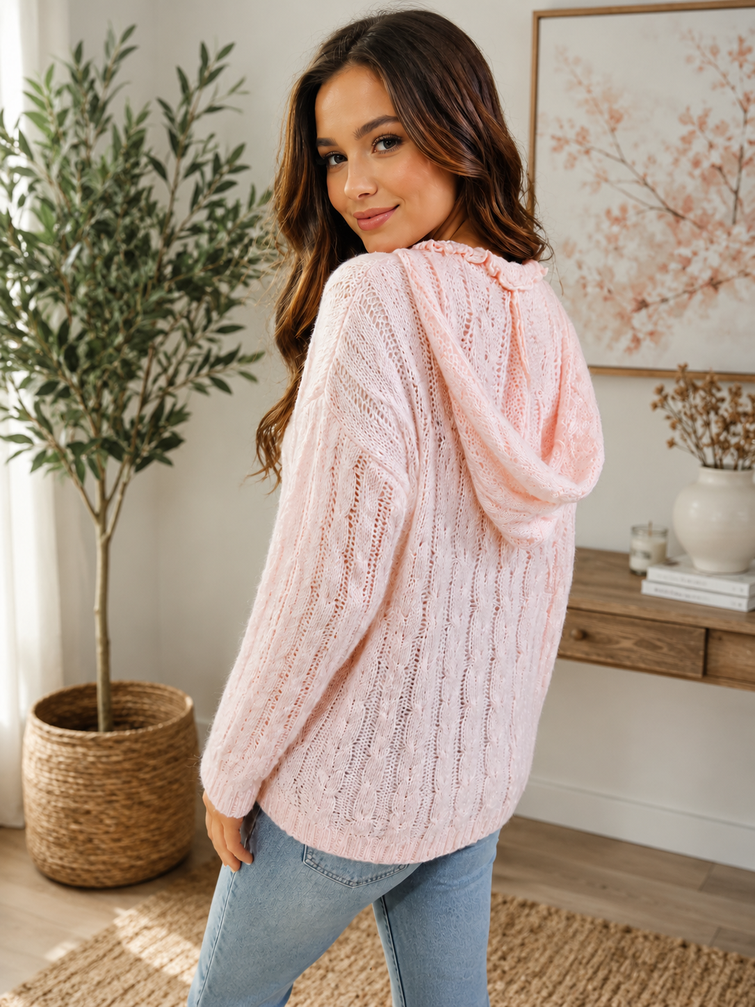 Women's Soft Pink Hooded Cable Knit Jumper