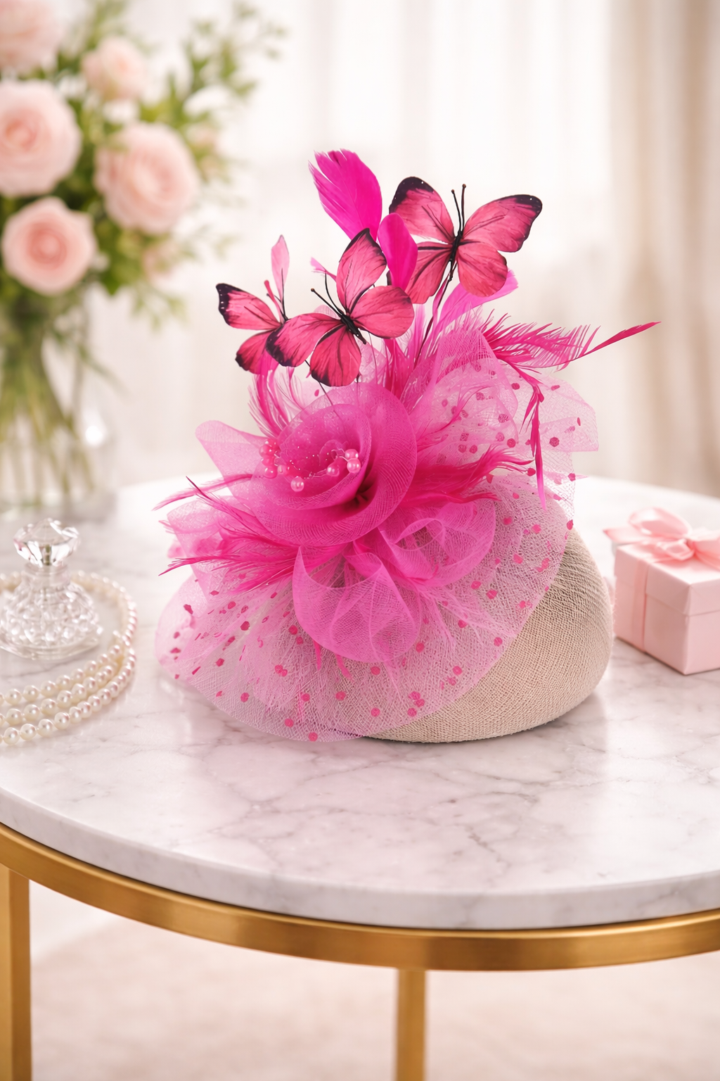 Elegant Pink Butterfly Fascinator Hat – Feather & Mesh Floral Headpiece for Weddings, Races & Special Occasions - Truly Yours