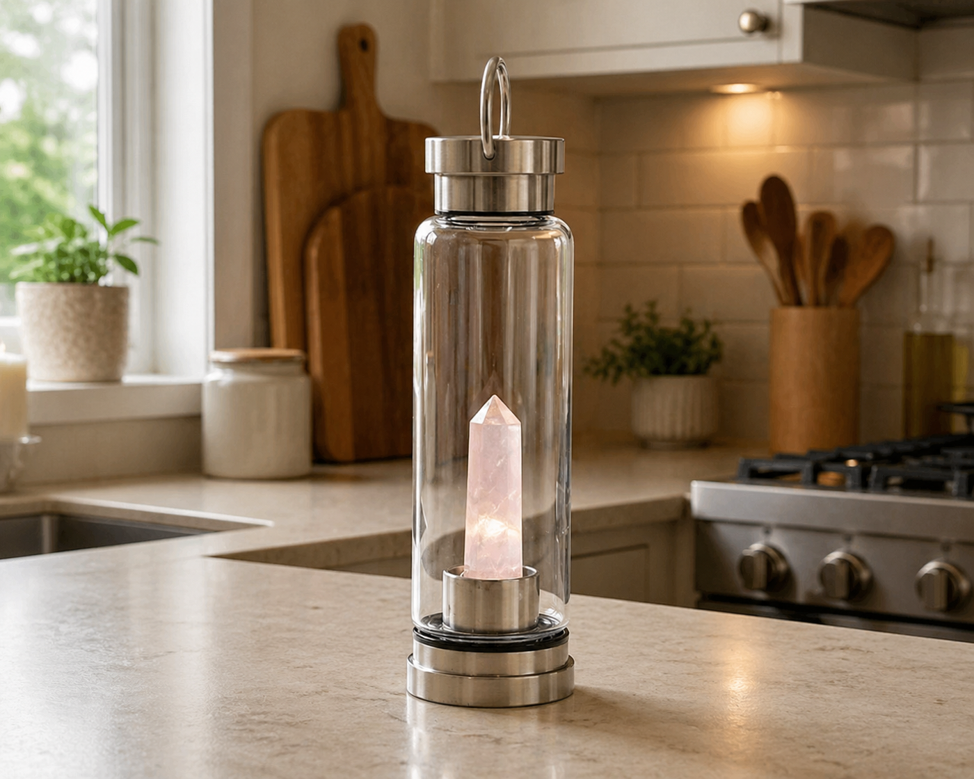 Crystal Infused Glass Water Bottle - Rejuvenating Rose Quartz - Obelisk - Truly Yours