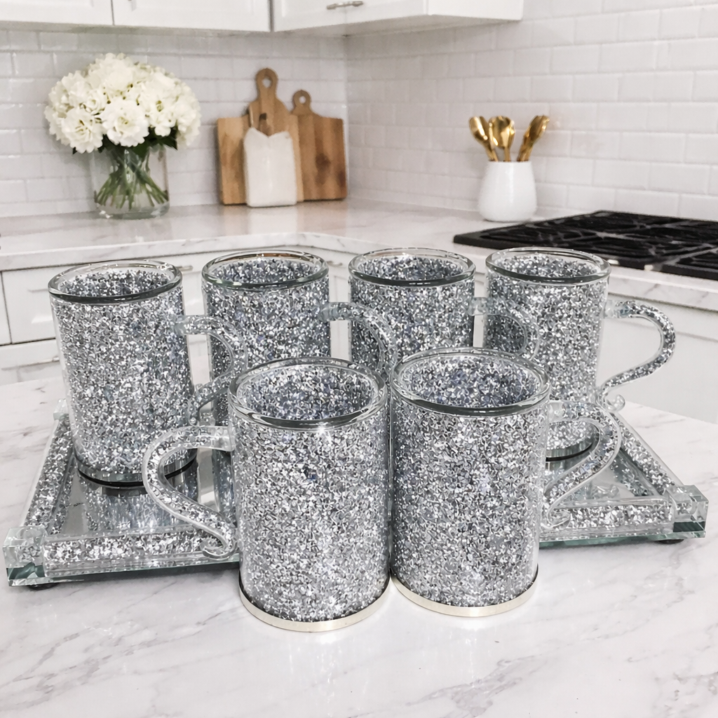 Crushed Diamond Crystal-Filled Mugs, Set of 6 - Silver Glass Encased Coffee Cups (300ml)