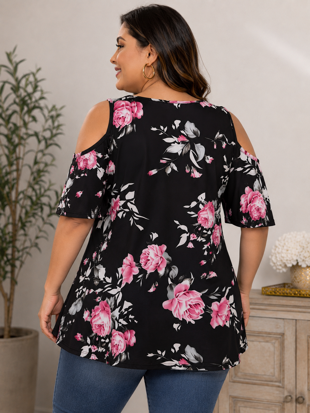 Plus Size Black & Pink Rose Floral Cold Shoulder Top