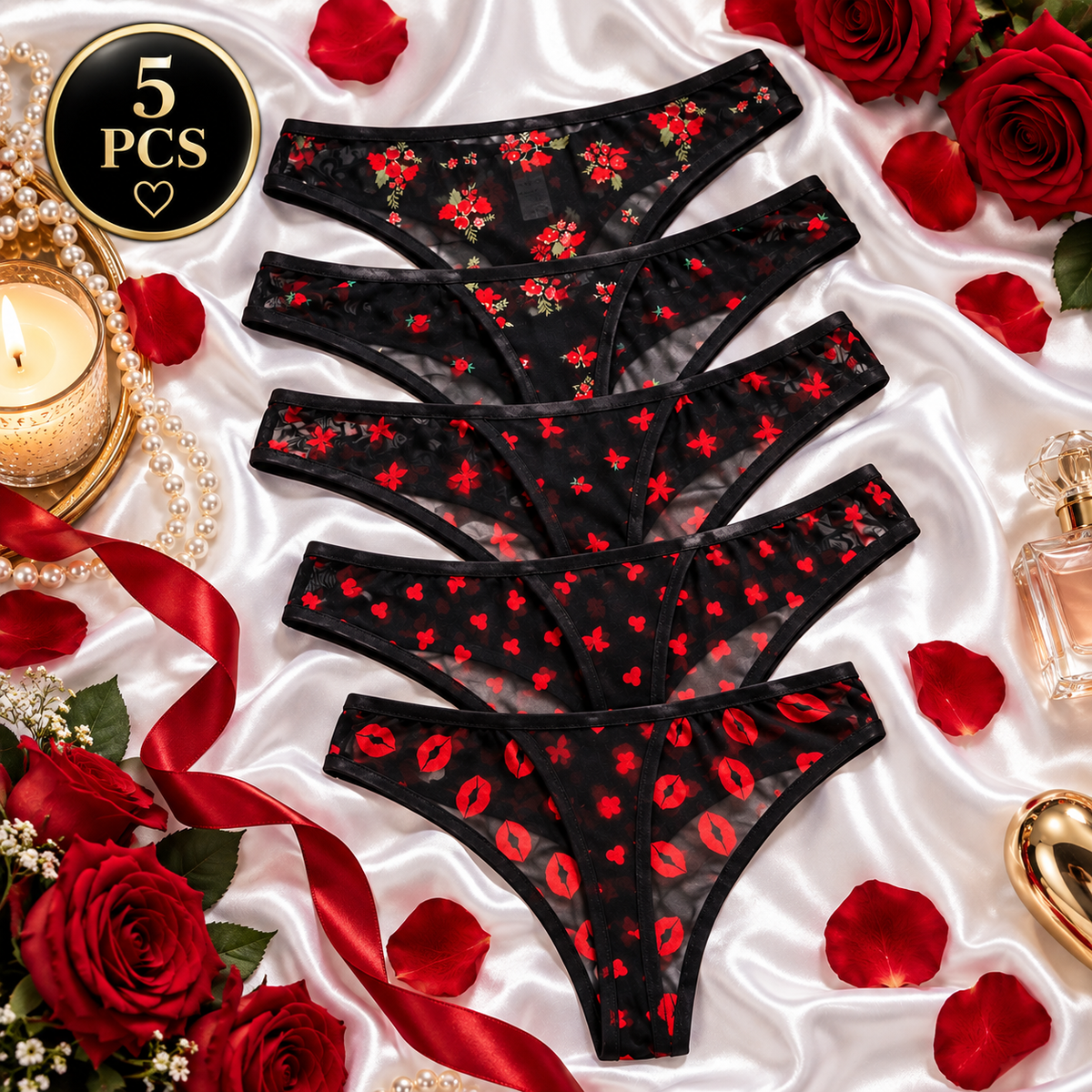 5 Piece Women’s Black Sheer Printed Thong Set – Red Print