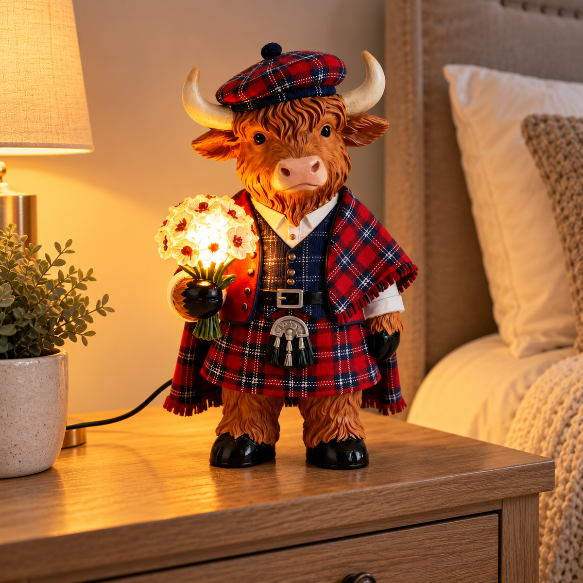 Highland Cow Tartan LED Flower Lamp