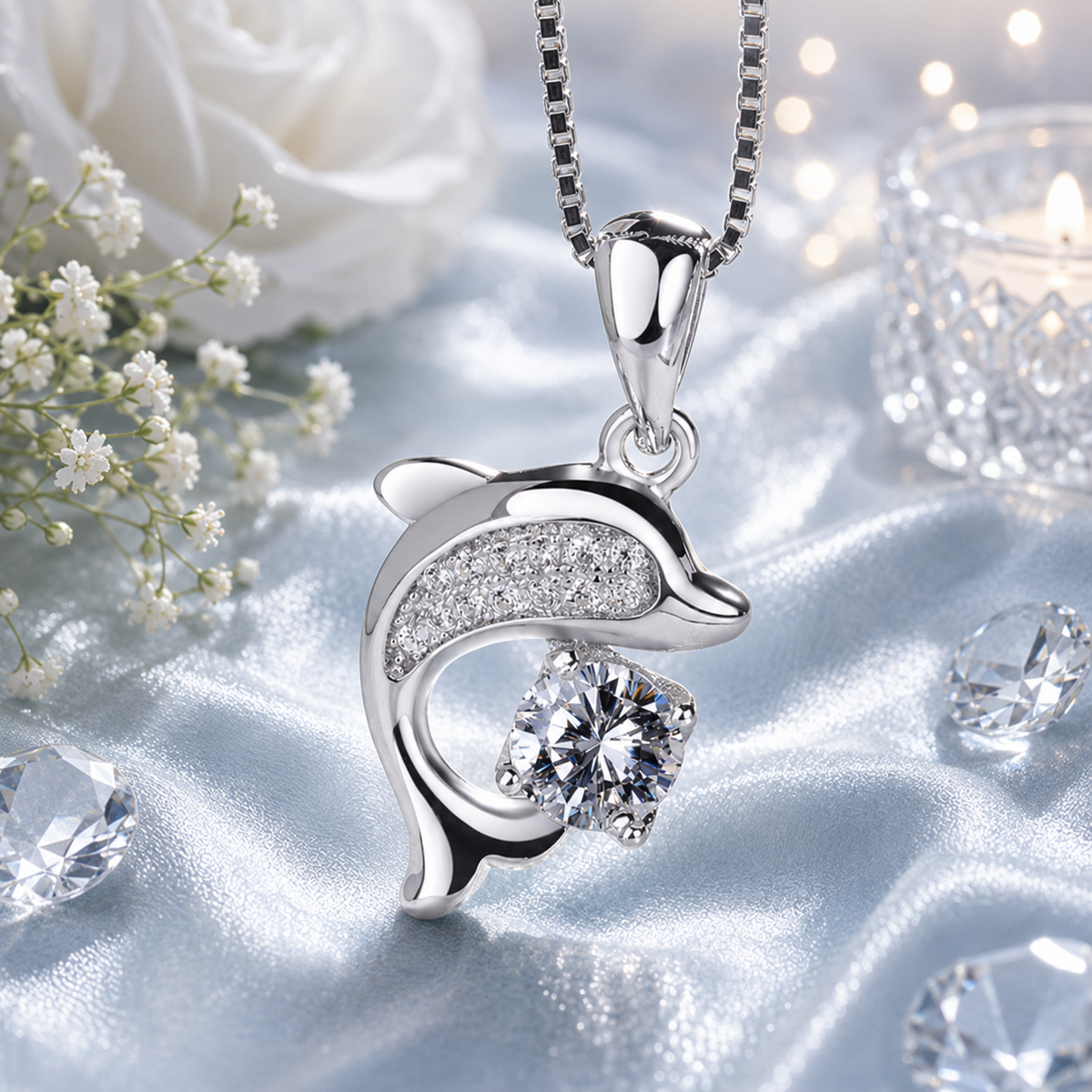 925 Sterling Silver Dolphin Pendant Necklace with Sparkling Crystal