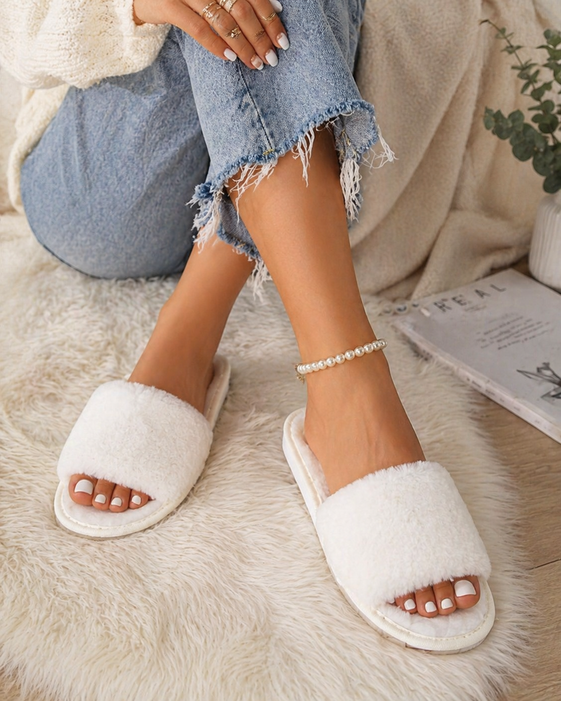 Women's Plush Fuzzy Open-Toe Slippers