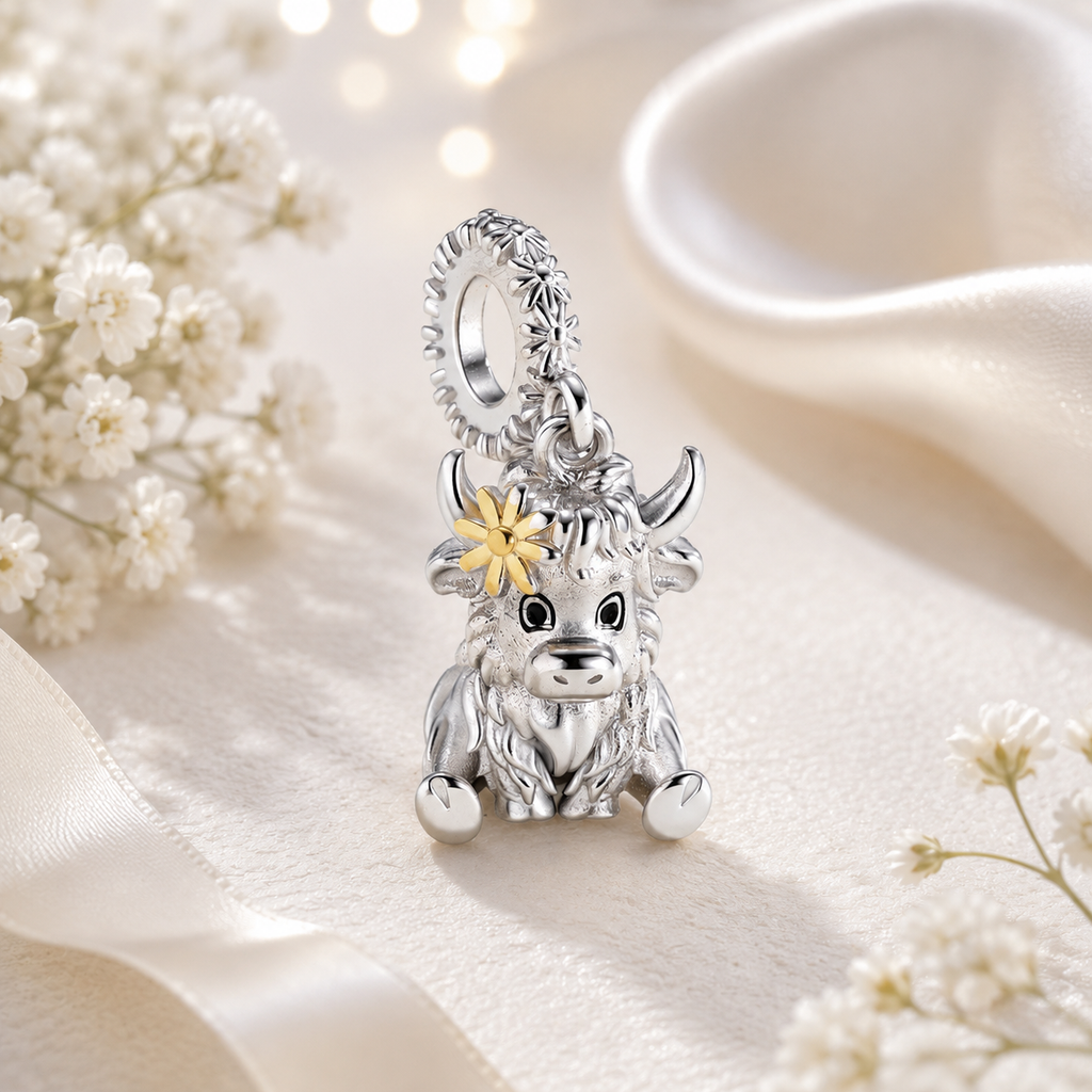 Adorable 925 Sterling Silver Highland Cow Dangle Charm