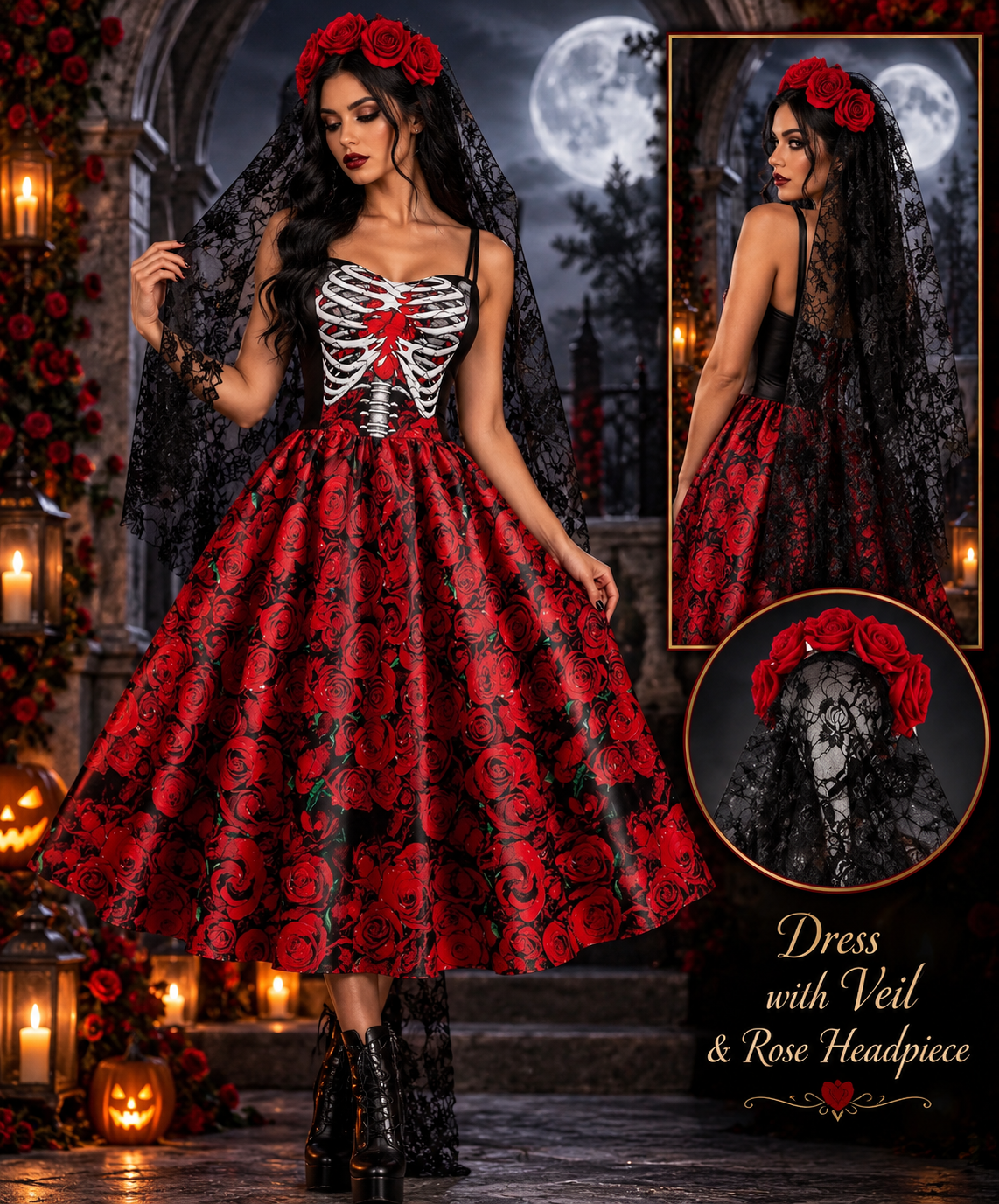 Halloween Skeleton Rose Gothic Dress