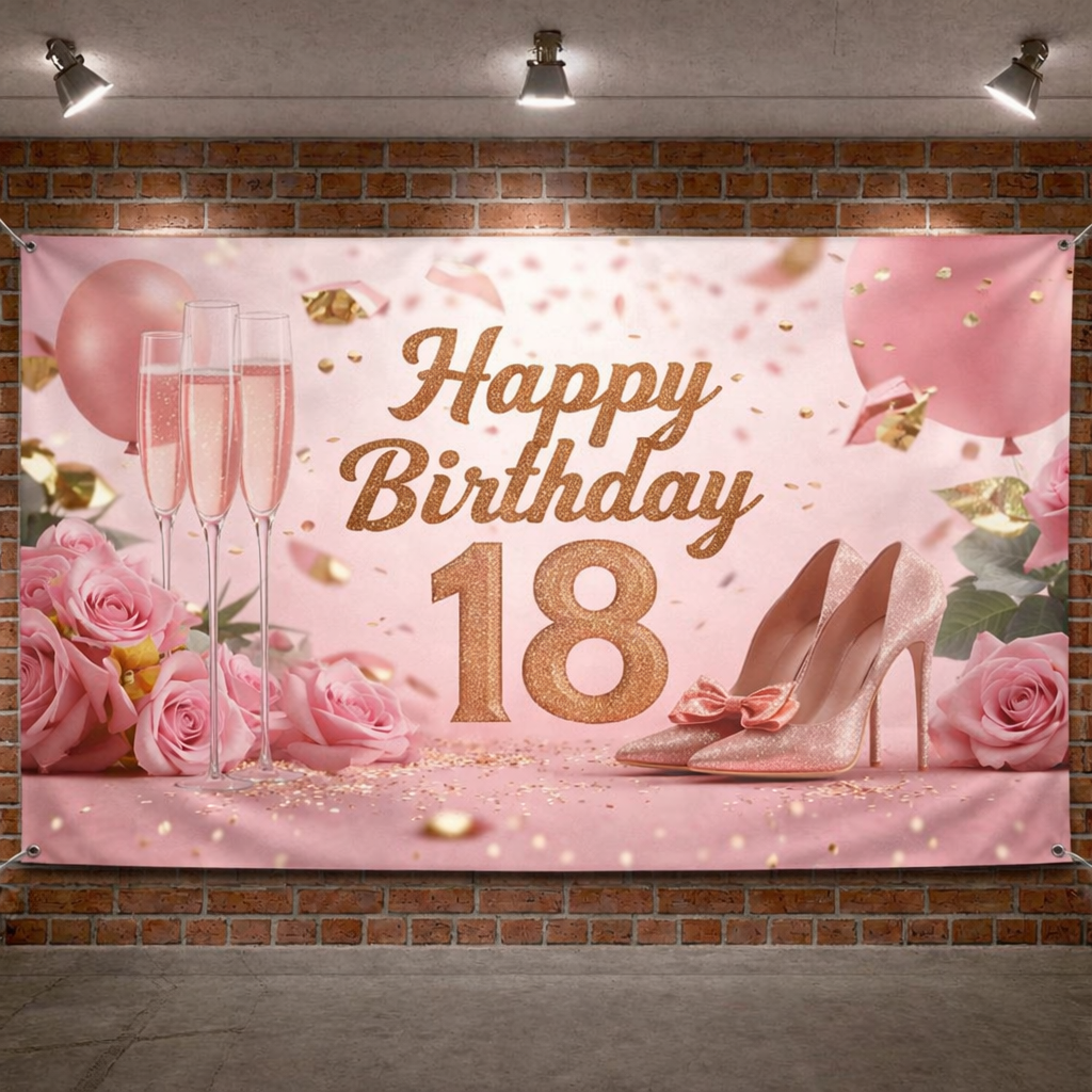Elegant Rose Gold 18th Happy Birthday Backdrop – Pink Floral & Champagne Celebration Banner 180cmx110cm Backdrop