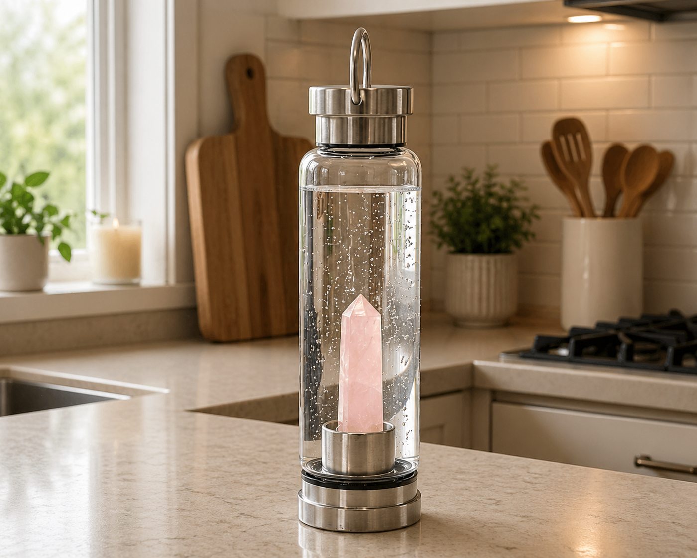 Crystal Infused Glass Water Bottle - Rejuvenating Rose Quartz - Obelisk - Truly Yours