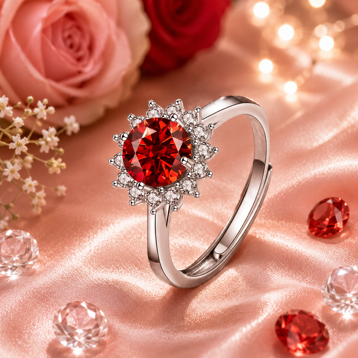 Ruby Bloom Moissanite Ring – Adjustable S925 Sterling Silver Sunflower Halo Engagement Ring