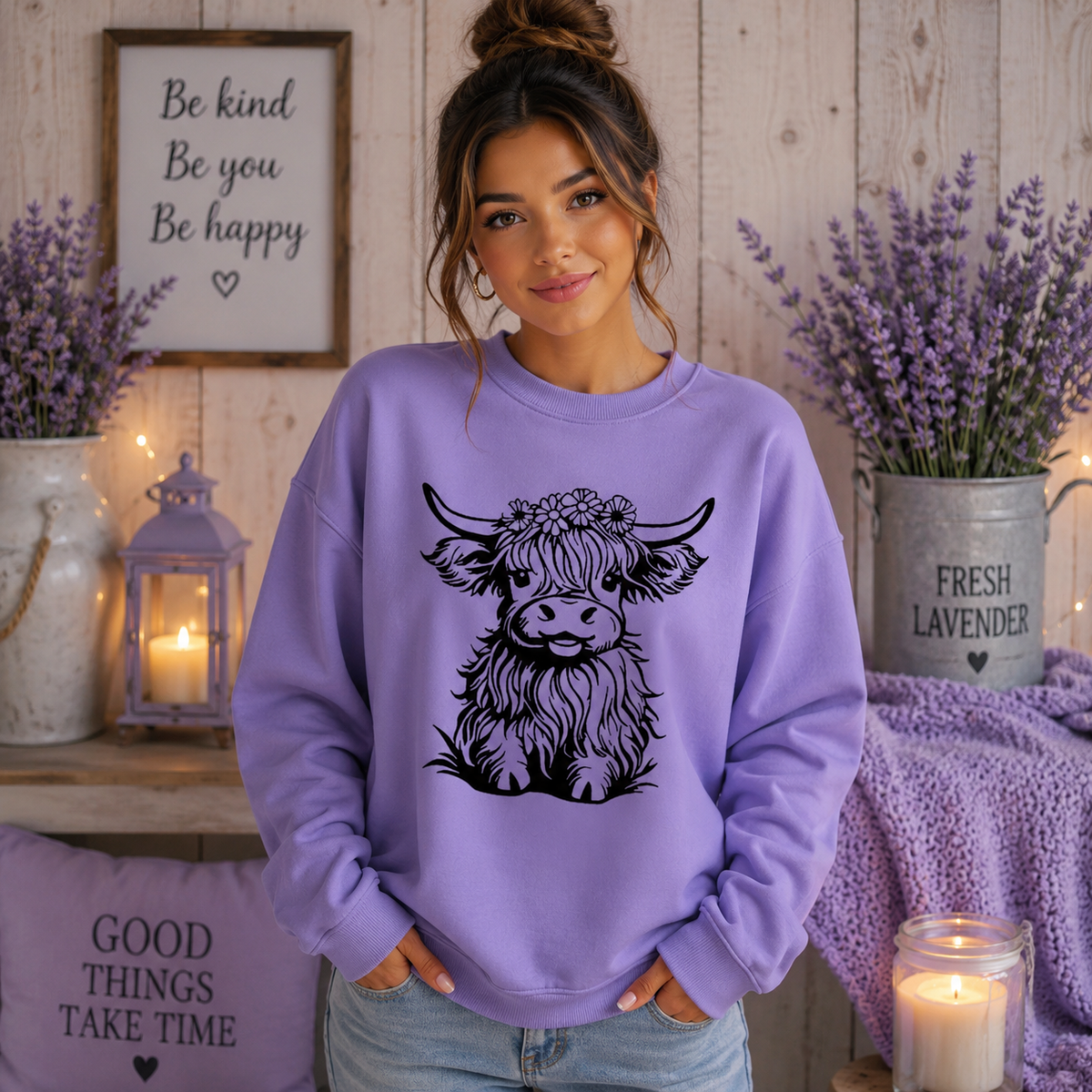 Floral Highland Cow Print Sweatshirt