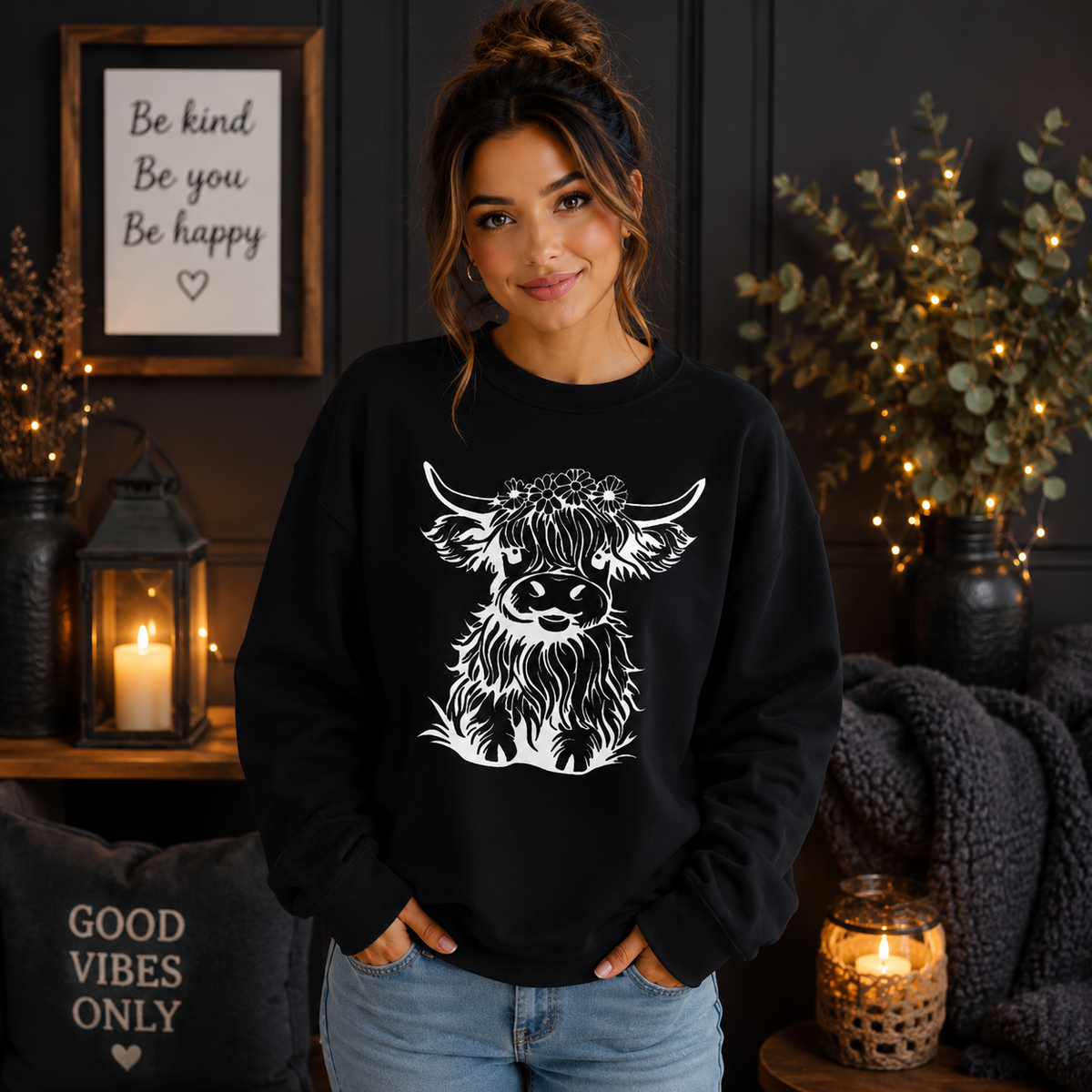 Floral Highland Cow Print Sweatshirt