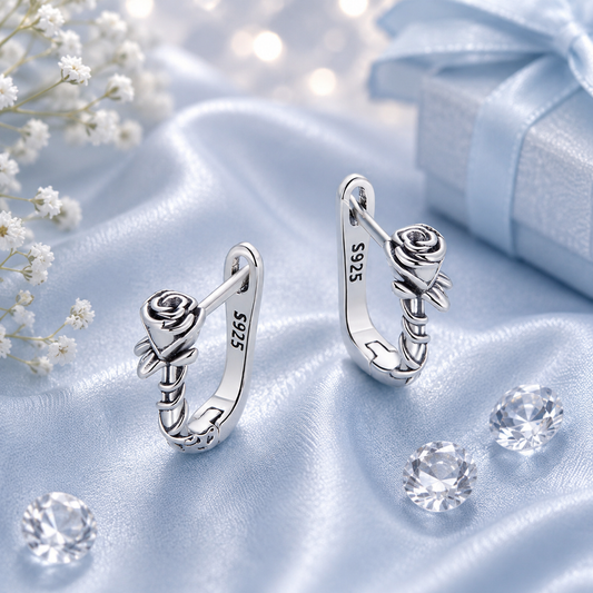 925 Sterling Silver Rose Design Hoop Earrings