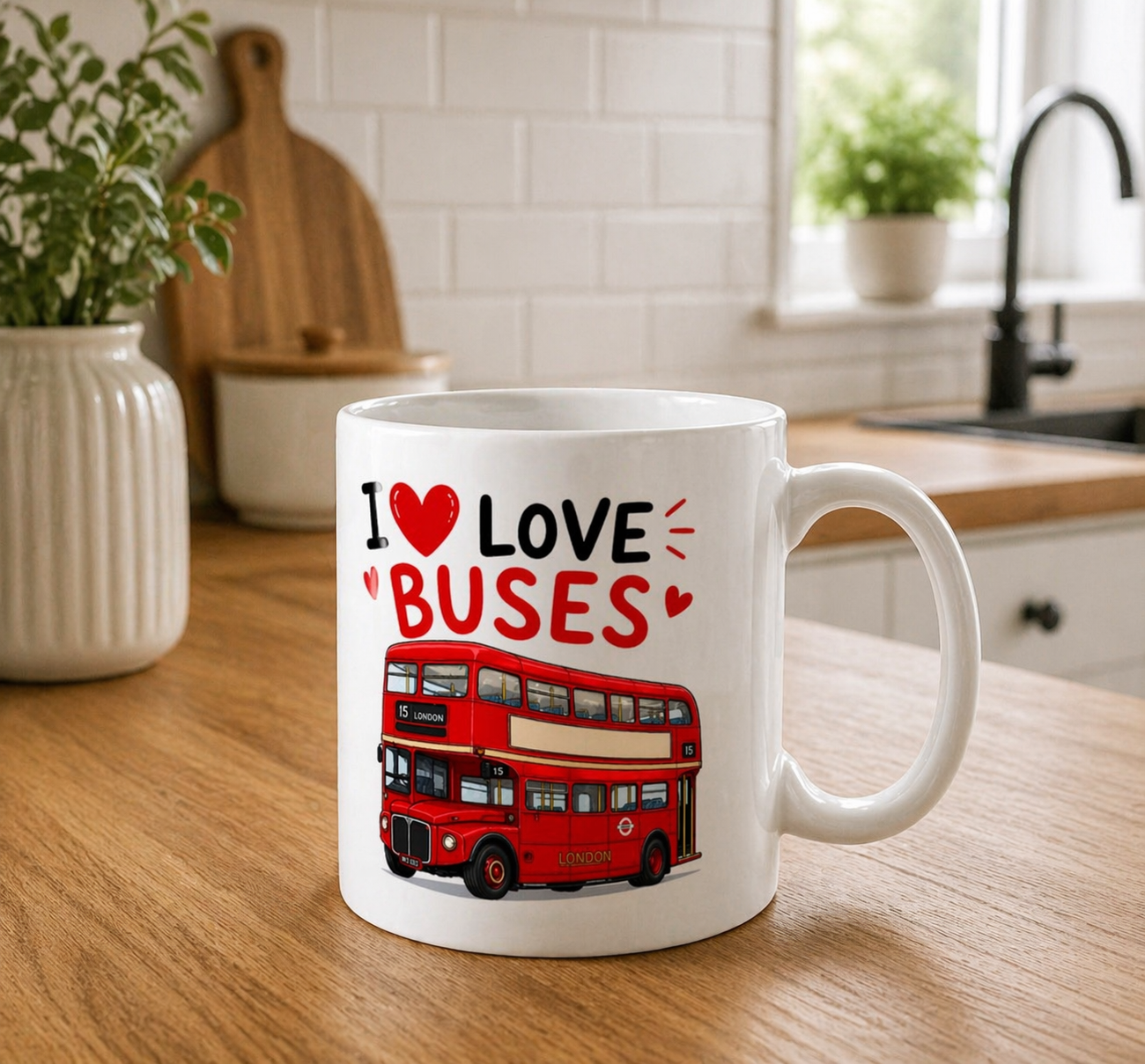 I Love Buses Mug – Double Decker Bus Gift for Bus Lovers