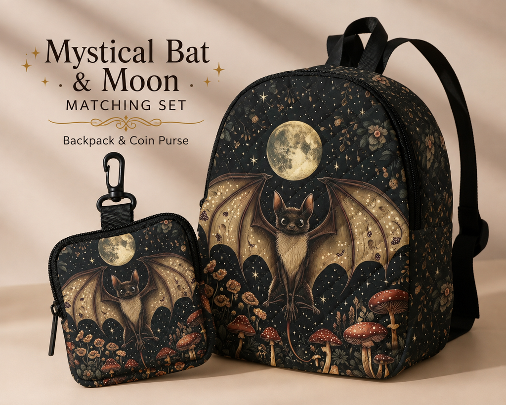 Mystical Bat & Moon Coin Purse – Gothic Floral Mushroom Design with Clip