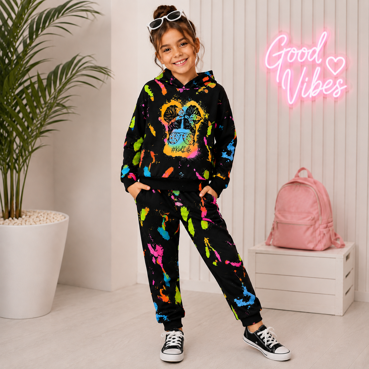 Girls’ Neon Paint Splash Hoodie & Jogger Set