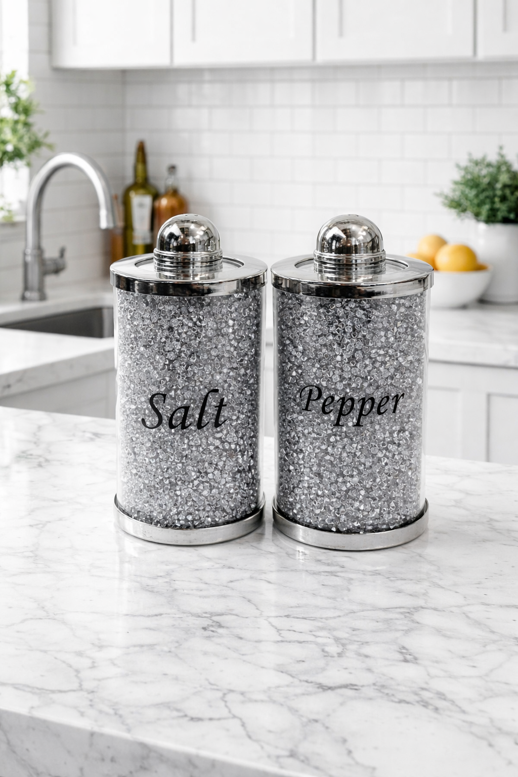 Crushed Diamond Silver Crystal Filled Kitchen Salt & Pepper
