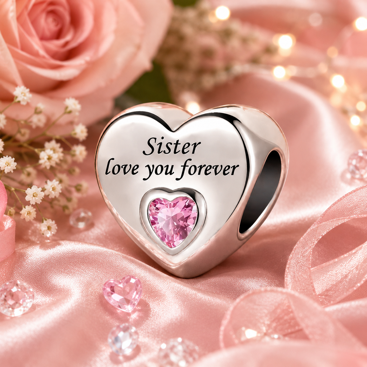 925 Sterling Silver Sister or Auntie Love You Forever Heart Charm Bead with Pink Crystal