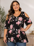 Plus Size Black & Pink Rose Floral Cold Shoulder Top