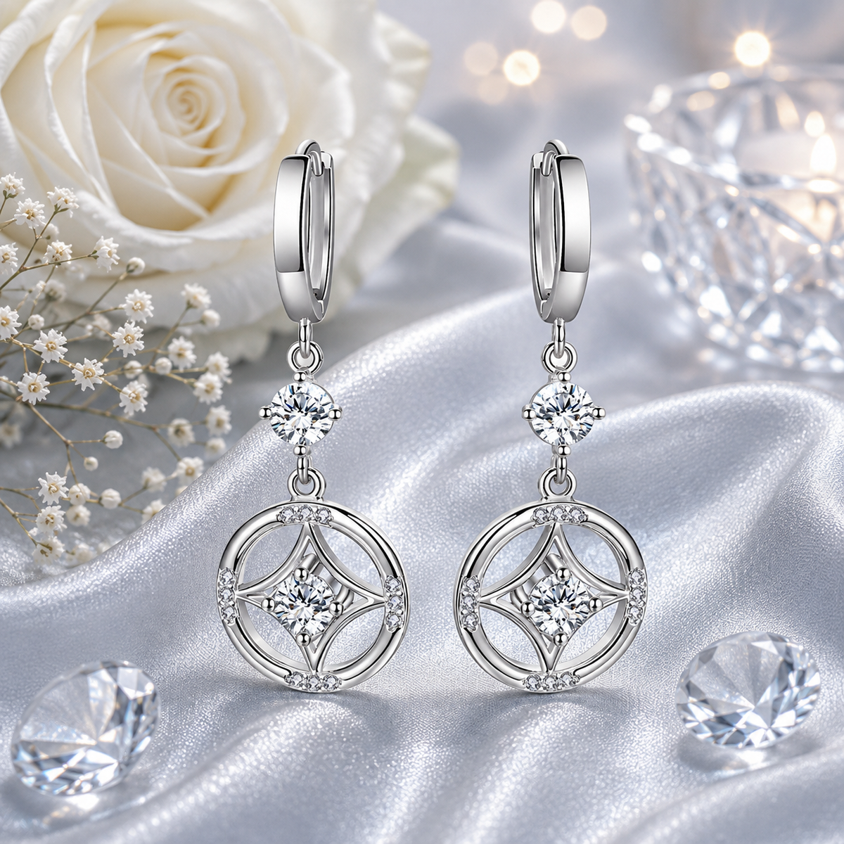925 Sterling Silver Crystal Circle Drop Earrings