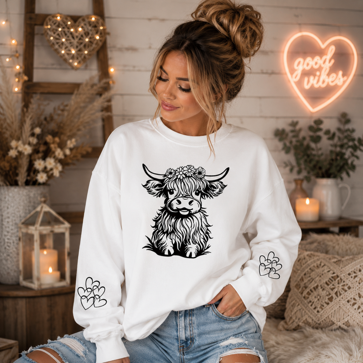 Flower Crown Highland Cow Sweatshirt
