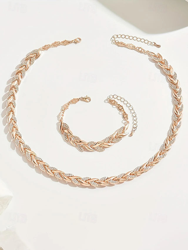 Elegant Rose Gold, silver or gold Leaf Link Necklace & Bracelet Set – Sparkling Zircon Jewellery Collection - Truly Yours