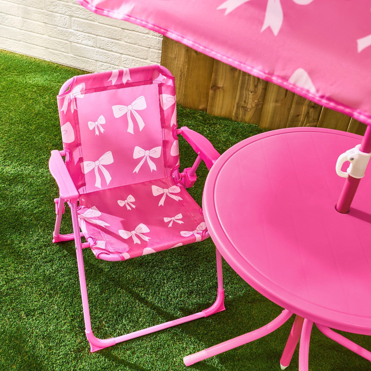 Kids Bow Print Bistro Set with Parasol - Hot Pink