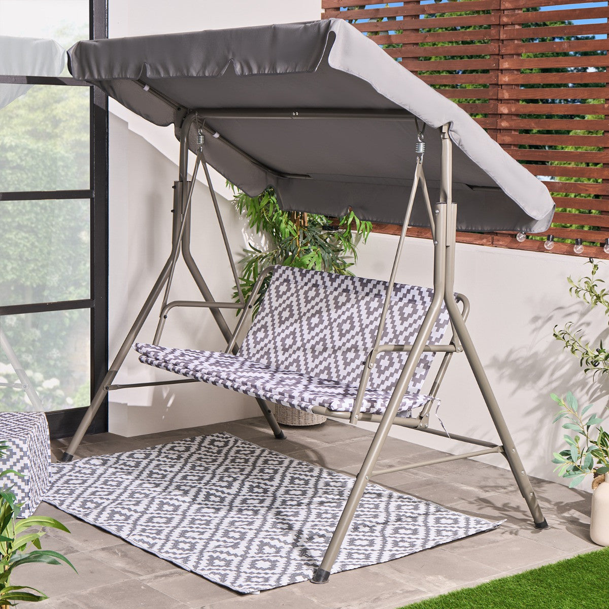 Geometric 3 Seater Swing Bench With Canopy - Grey - Truly Yours