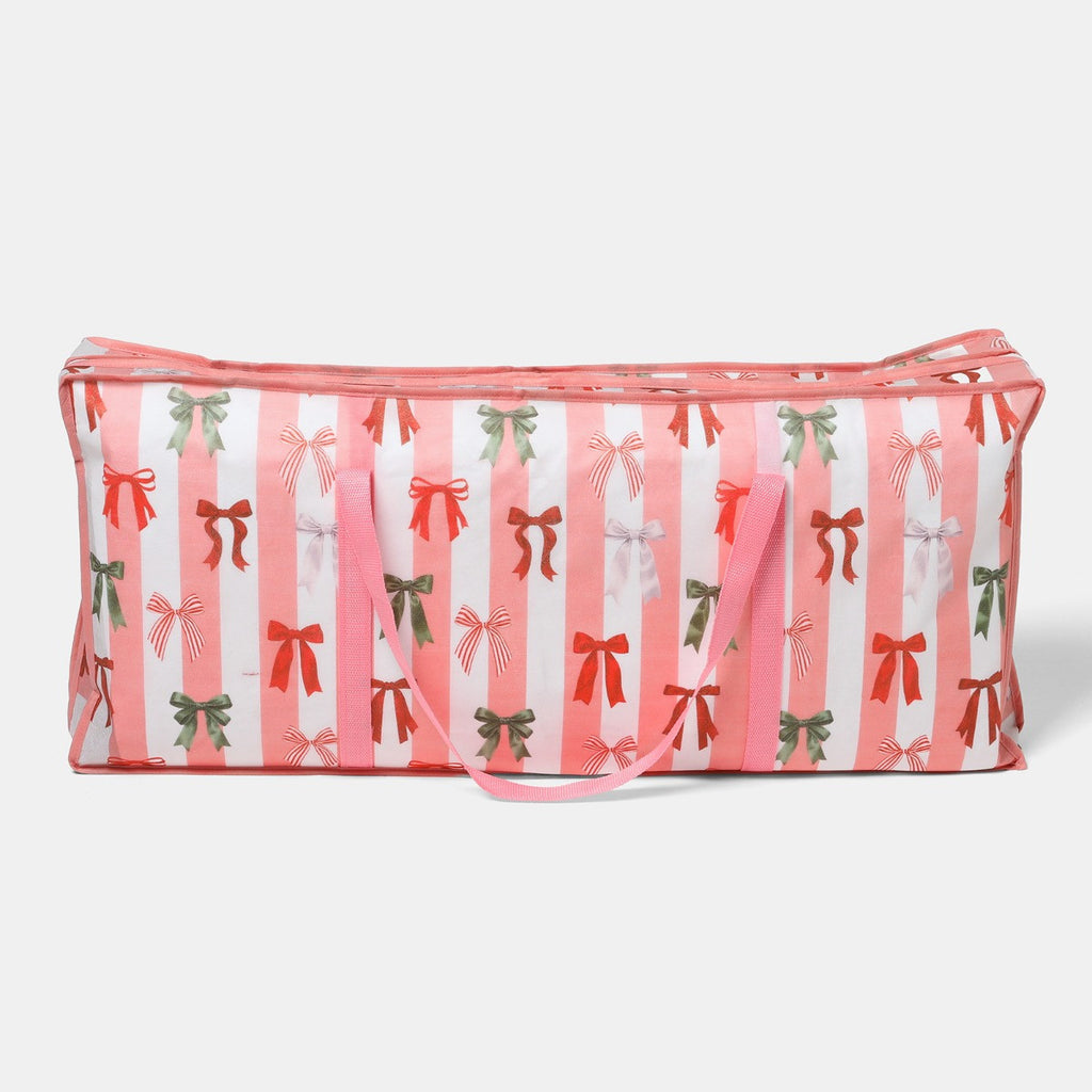 Multi Bow Stripe Christmas Wrap Storage Bag - Pink/White