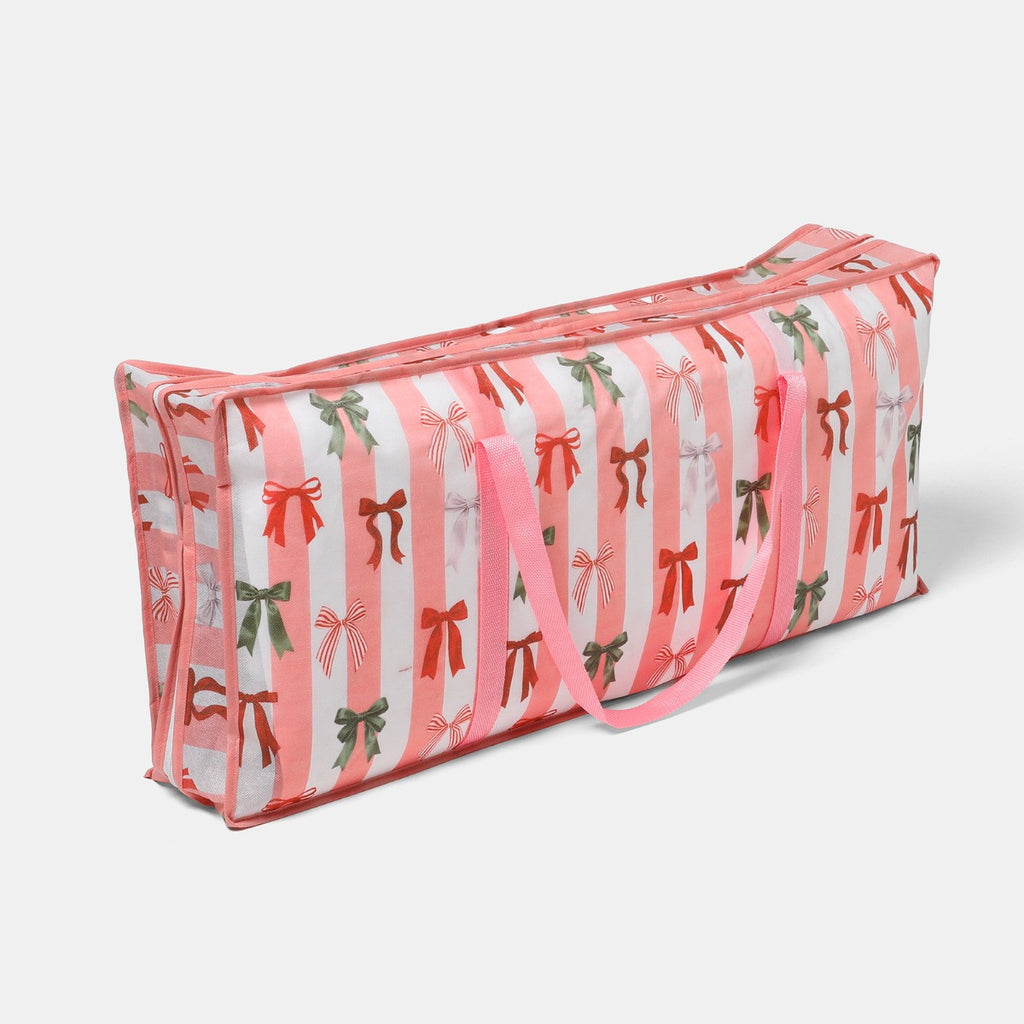 Multi Bow Stripe Christmas Wrap Storage Bag - Pink/White