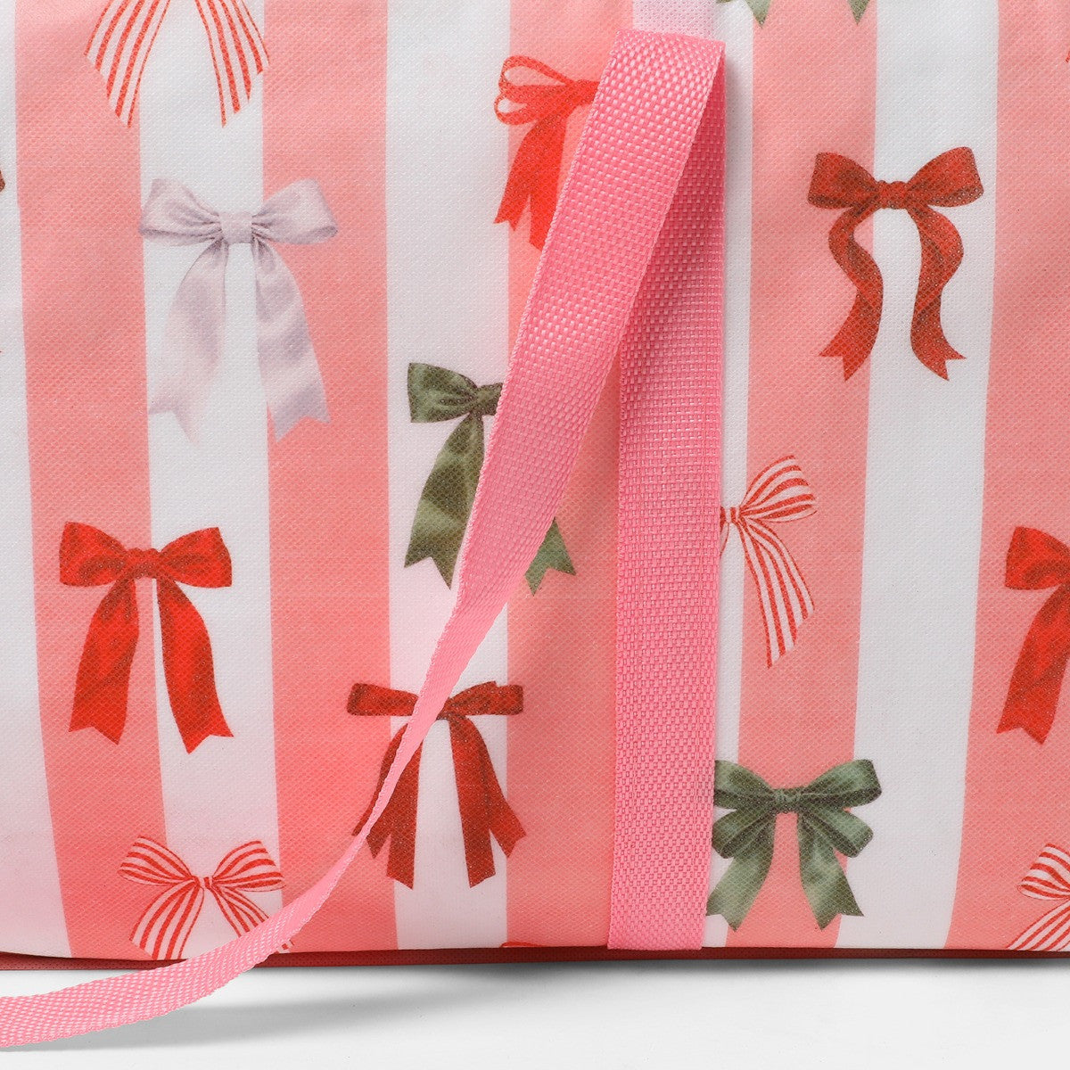Multi Bow Stripe Christmas Wrap Storage Bag - Pink/White