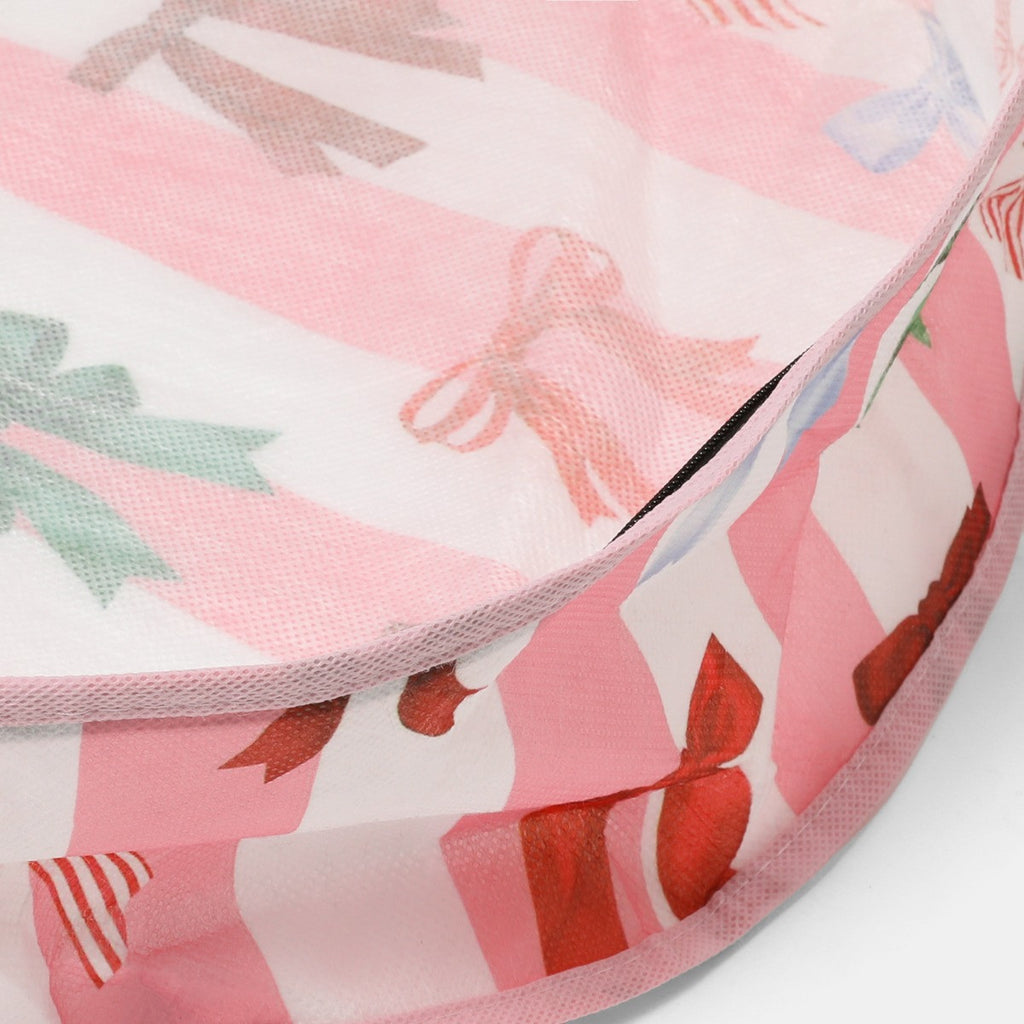 Multi Bow Stripe Christmas Wreath Storage Bag - Pink/White