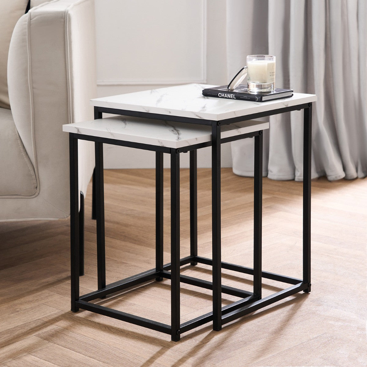 Manhattan Marble Effect Nest of 2 Square Tables - Black/White - Truly Yours