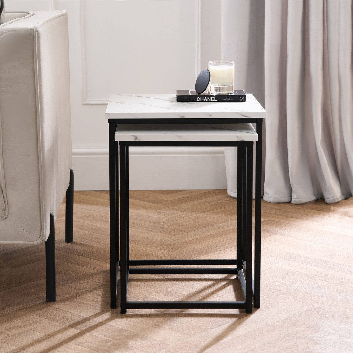Manhattan Marble Effect Nest of 2 Square Tables - Black/White - Truly Yours