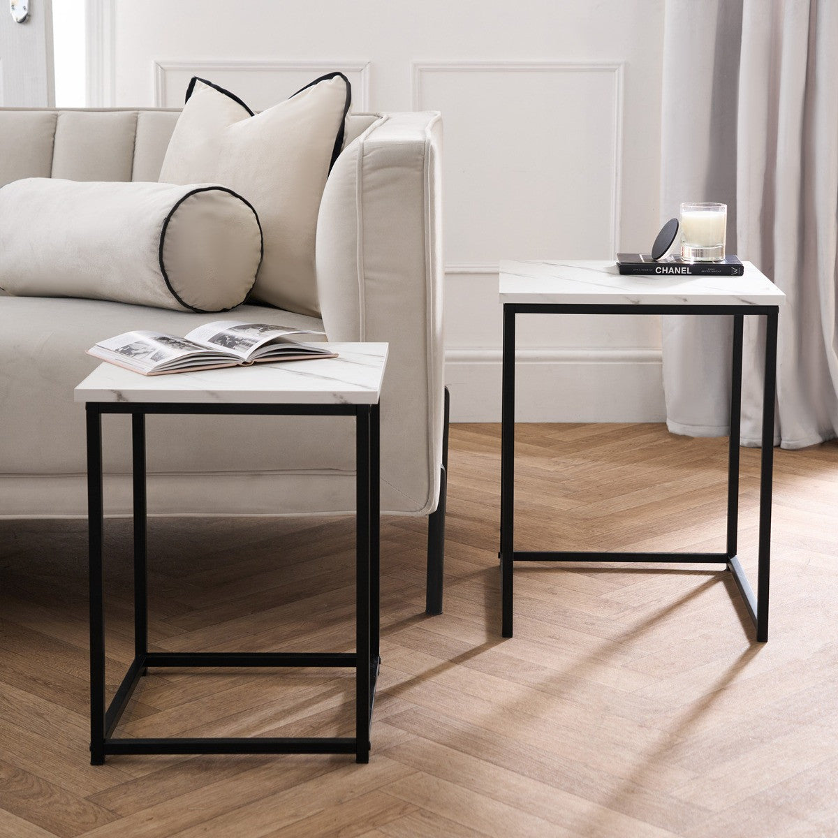 Manhattan Marble Effect Nest of 2 Square Tables - Black/White - Truly Yours