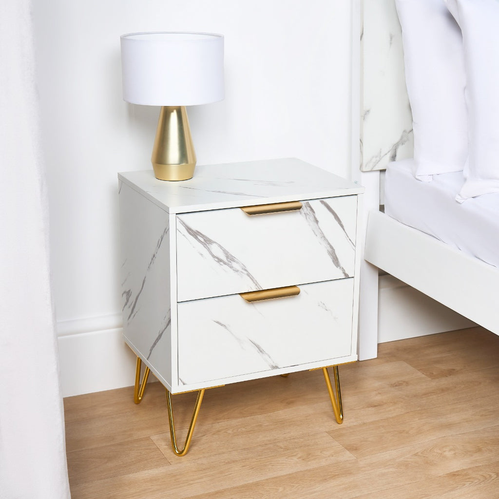 Luxery Marble Effect 2 Drawers Bedside Table - White - Truly Yours